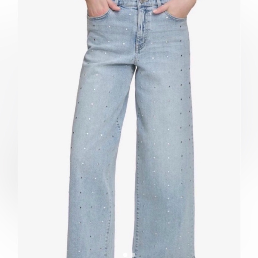 DKNY STUDDED Light Blue Embellished Wide-Leg Jeans SIZE 10